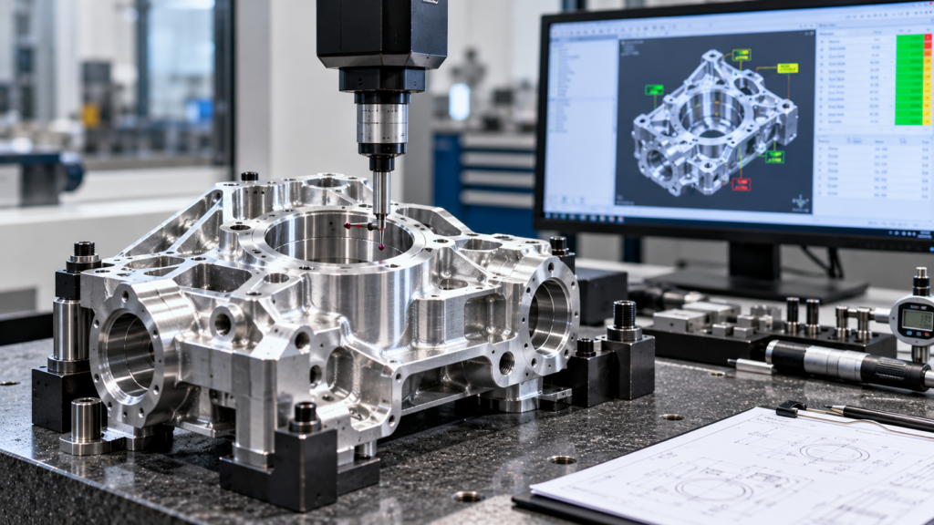 Precision machined component undergoing dimensional inspection with a coordinate measuring machine