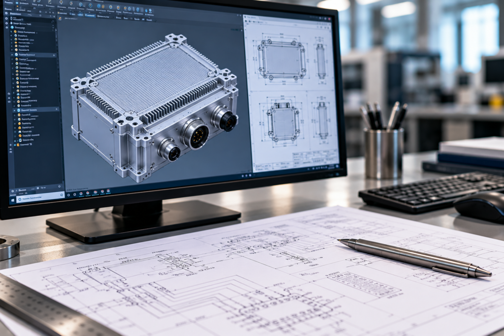 Product design workstation with 3D CAD model and engineering schematic