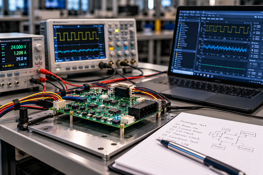 Prototype PCB assembly undergoing electronic testing and validation with laboratory test equipment