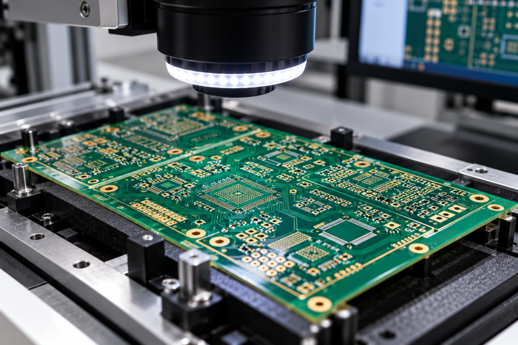 Bare rigid printed circuit board undergoing precision optical inspection
