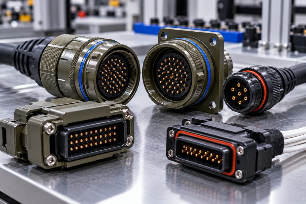 Rugged circular and rectangular multi-pin connectors with sealed industrial connections