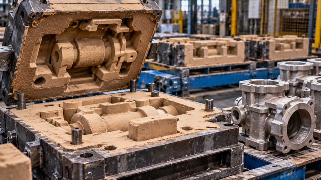 Sand casting mold with finished industrial metal castings in a manufacturing facility