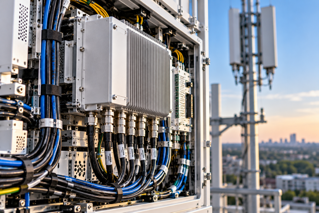 Telecommunications equipment with RF electronics, rugged connectors, and professionally routed cabling
