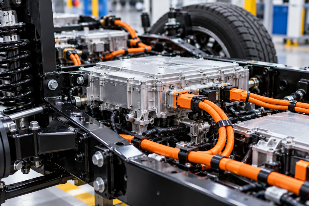 Electric vehicle chassis with integrated power electronics, high-voltage cabling, and control systems