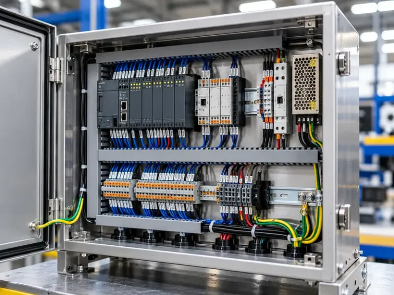 Industrial PLC control panel box build with organized wiring, terminal blocks, and electrical components.