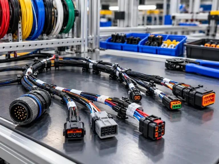 Custom industrial cable and wire harness assembly with multi-pin connectors, braided sleeving, and organized wiring.