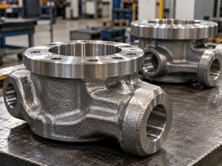 Industrial metal castings with precision-machined flanges, bolt holes, and steel housings on a manufacturing workbench.