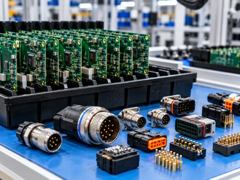 Industrial electronic connectors and printed circuit boards with circular connectors, multi-pin housings, and gold-plated contacts.