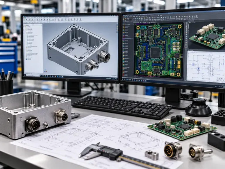Engineering workstation displaying mechanical CAD enclosure design and PCB layout for electronic product development