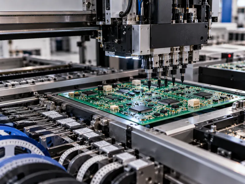 Automated SMT pick-and-place equipment assembling electronic components onto printed circuit boards in an electronics manufacturing facility.