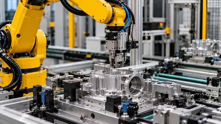 Industrial robotic arm positioned above a precision-machined aluminum housing in an automated manufacturing cell