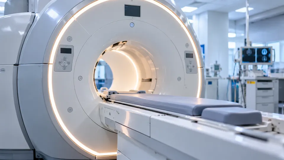 Medical imaging scanner with patient examination table in a modern healthcare facility