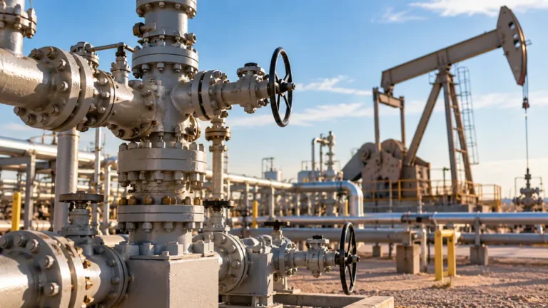 Industrial oil and gas production equipment with steel pipelines, valves, and a pumpjack