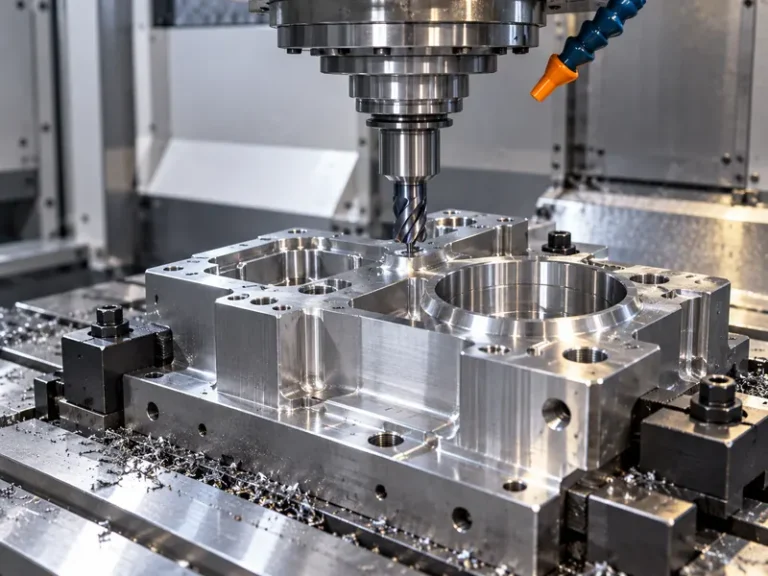 Precision CNC milling of a machined aluminum component secured inside an enclosed machining center.