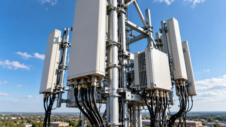 Telecommunications cell tower with mounted antennas and wireless network equipment