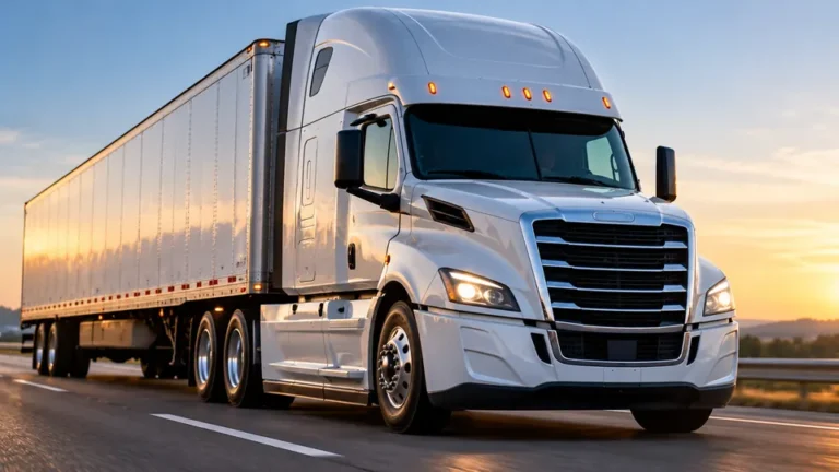 White commercial semi-truck and freight trailer traveling on a highway